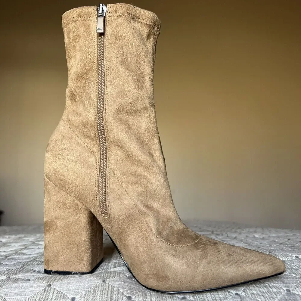 Marc Fisher LTD Larry Sock Ankle Boot Women 9 M Tan Faux Suede Pointed Toe Block - Picture 2 of 15